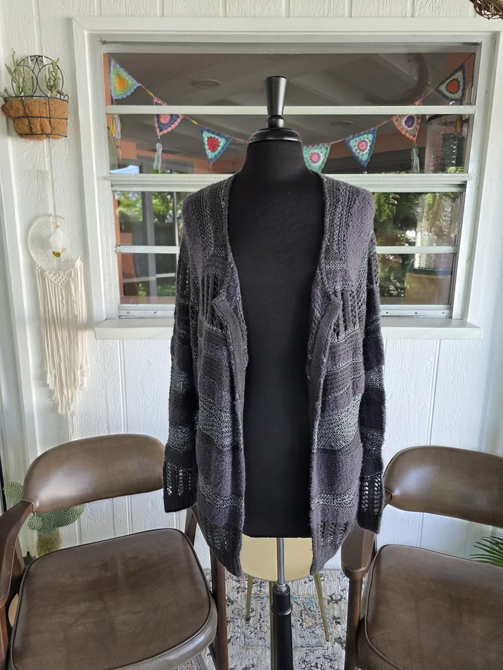 Free People XS Rare Woven Open-Front Textured Knit Cardigan Charcoal Gray